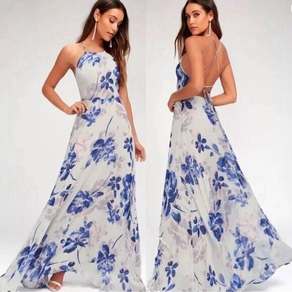 Lulus Dresses & Skirts - Lulus All I Need Floral Print Lace-Up Maxi Dress‎ in Grey Size Extra Small